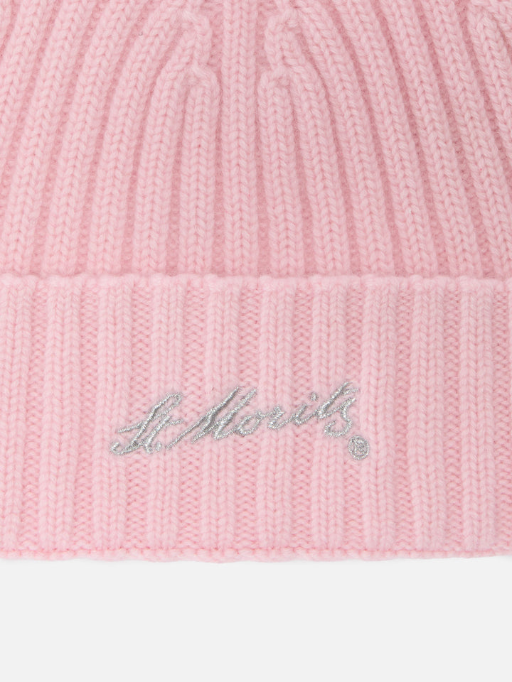 Wengen beanie in pink cashmere with St. Moritz embroidery