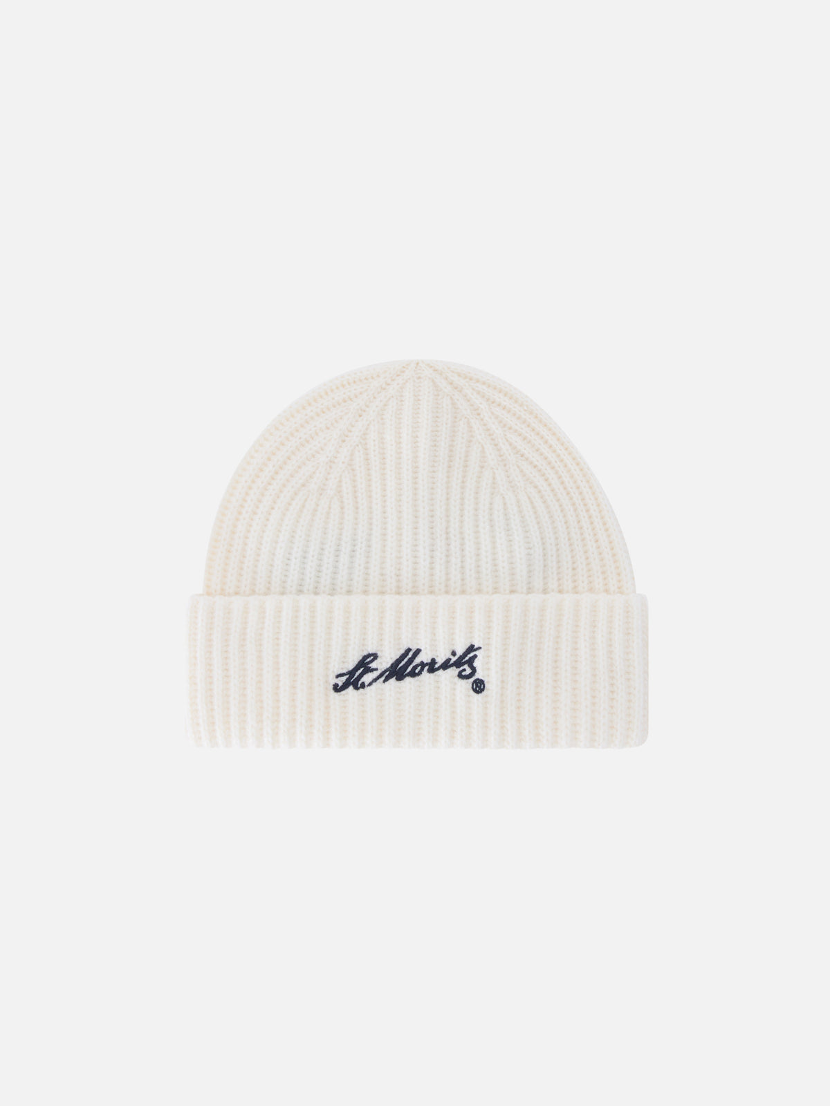 Berretto Wengen bianco panna in cashmere con ricamo St. Moritz | Special edition