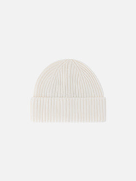 Berretto Wengen bianco panna in cashmere con ricamo St. Moritz | Special edition
