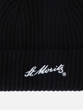 Schwarze Wengen Beanie aus Cashmere mit St. Moritz-Stickerei | Special edition 