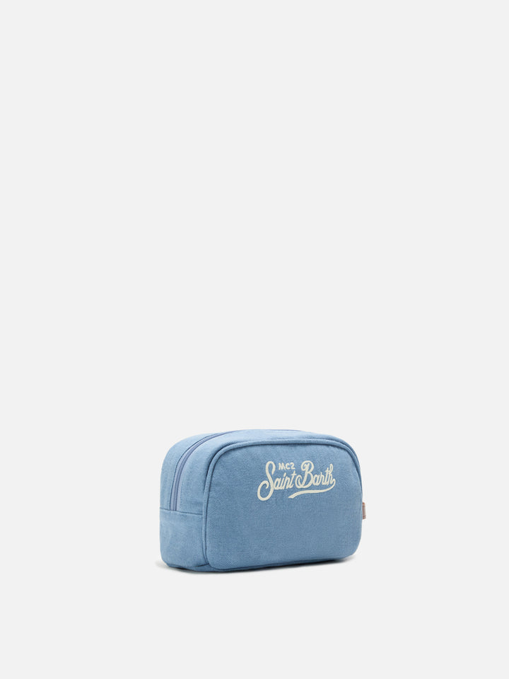 Blue Westwood linen beauty bag with embroidered logo