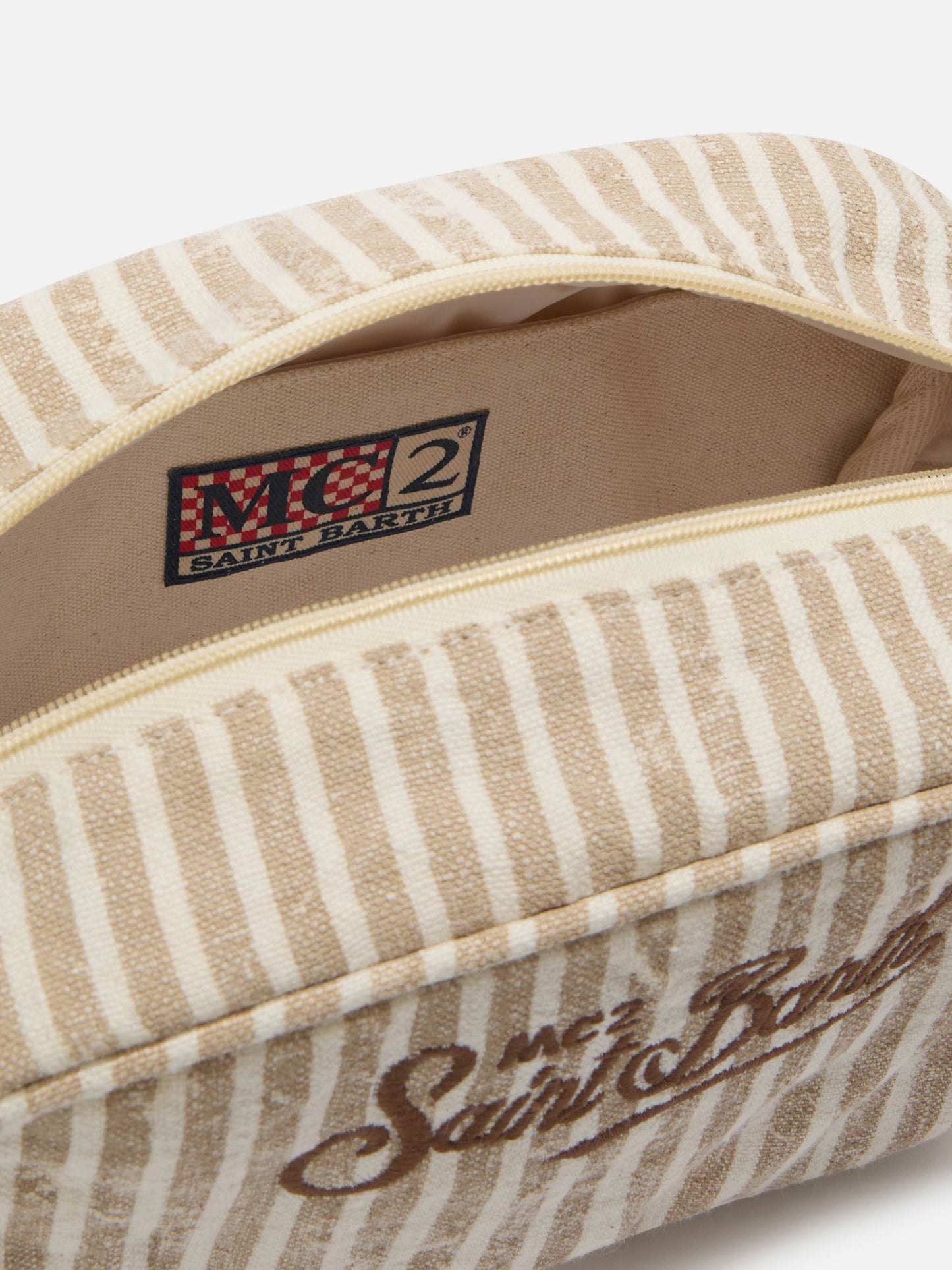 Neceser de lino Westwood con motivo de rayas beige y blanco 