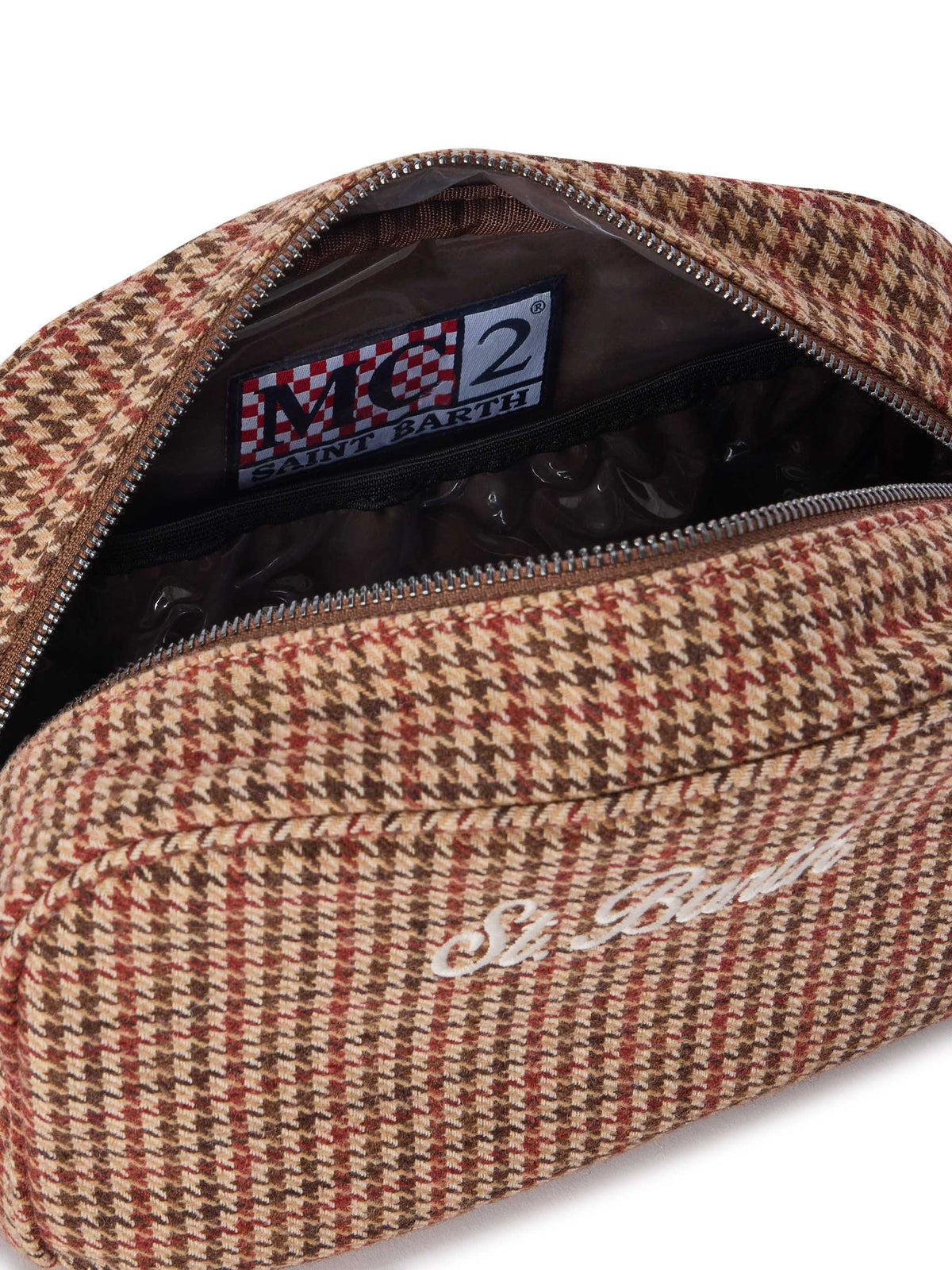 Beauty case Westwood beige in misto lana con motivo pied de poule