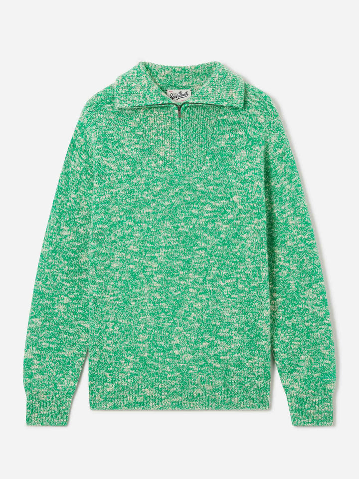 Green Wesley wool half zip knit with mouliné knit