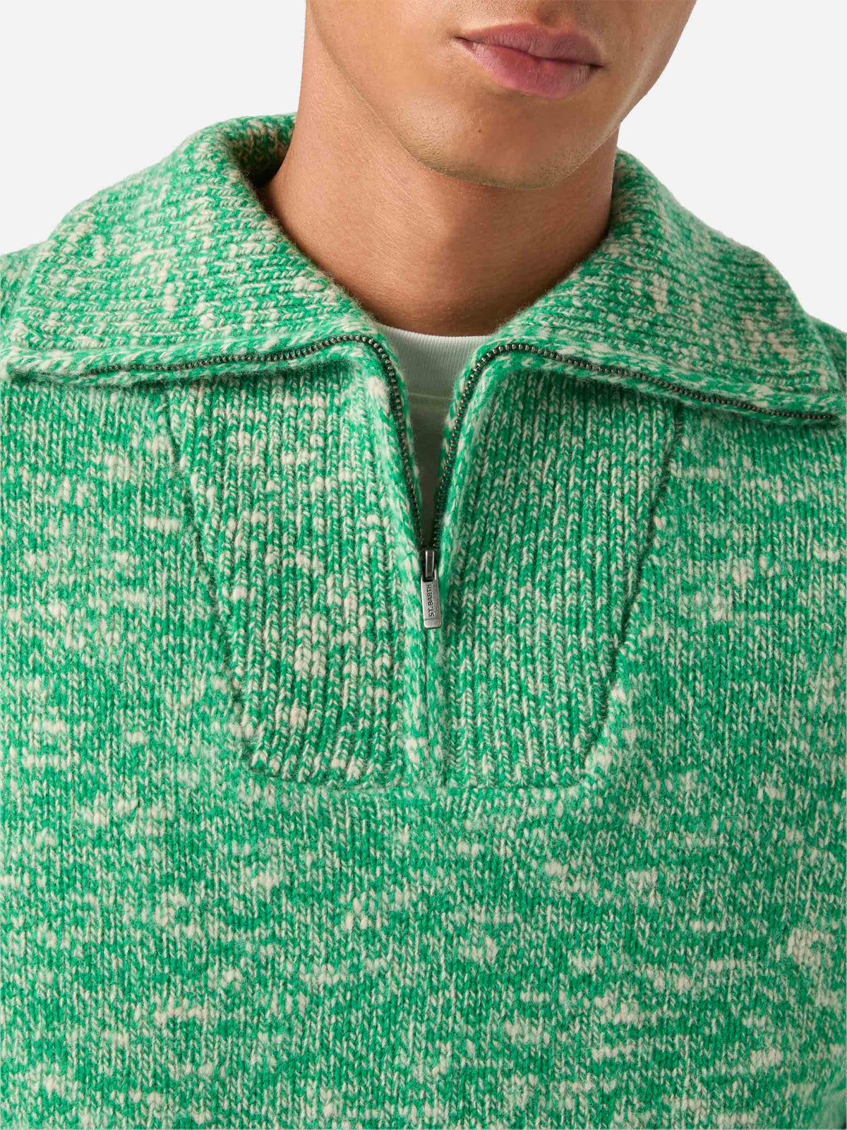 Green Wesley wool half zip knit with mouliné knit