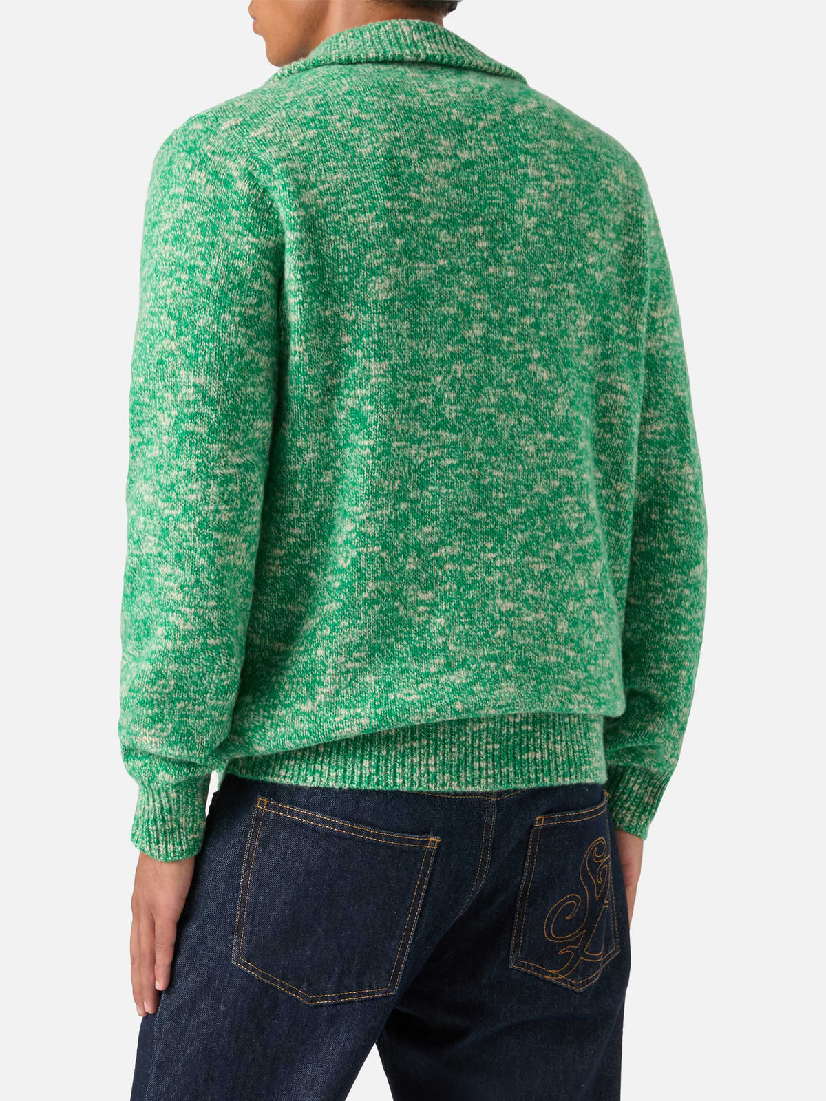 Green Wesley wool half zip knit with mouliné knit