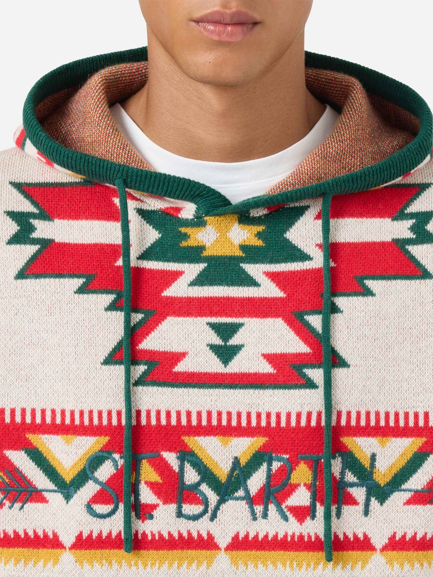 Maglia Wood brushed con cappuccio e fantasia etnica