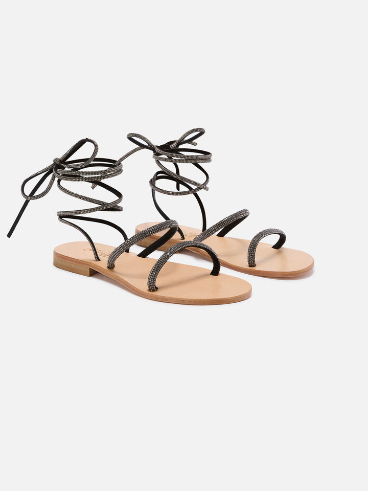 Wickelsandalen mit schwarzem Strassbesatz 