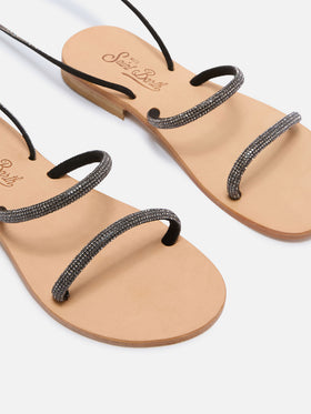 Wickelsandalen mit schwarzem Strassbesatz 