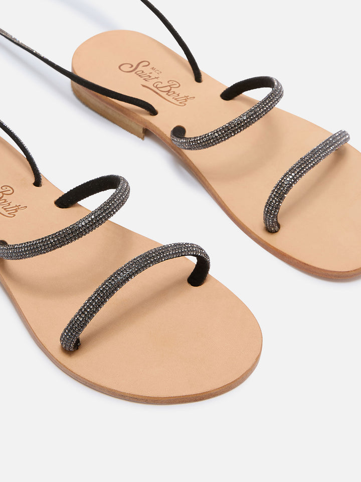 Wickelsandalen mit schwarzem Strassbesatz 