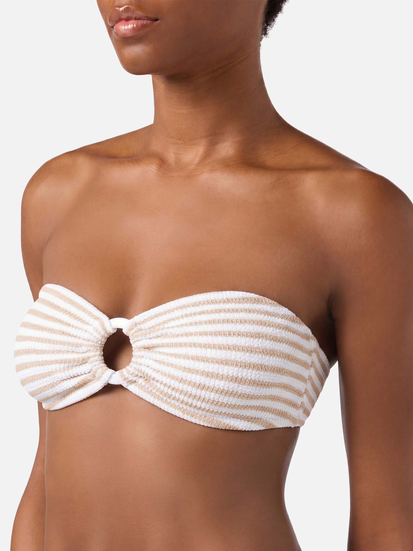 Yulia Elise bandeau crinkle bikini with regular swim briefs and striped print
