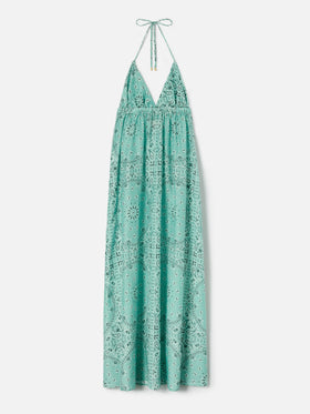Long Zucky dress in silk with aqua green bandana print