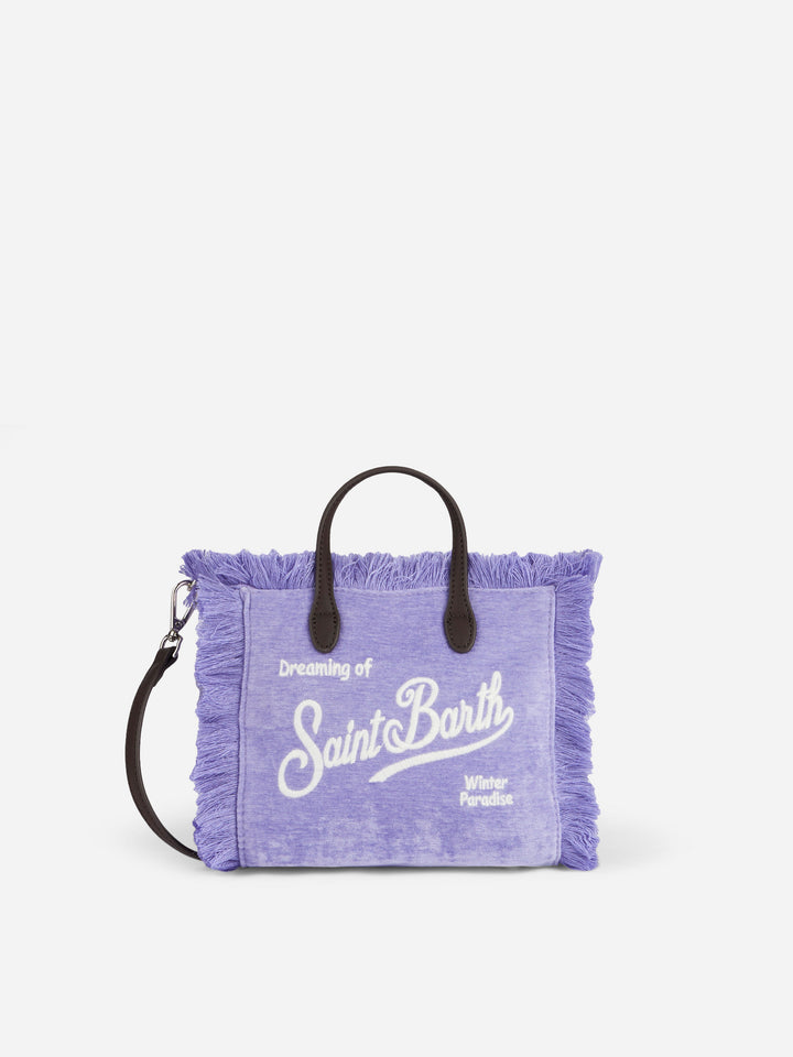 Lilafarbene Mini-Vanity-Tasche aus Samt mit Fransen