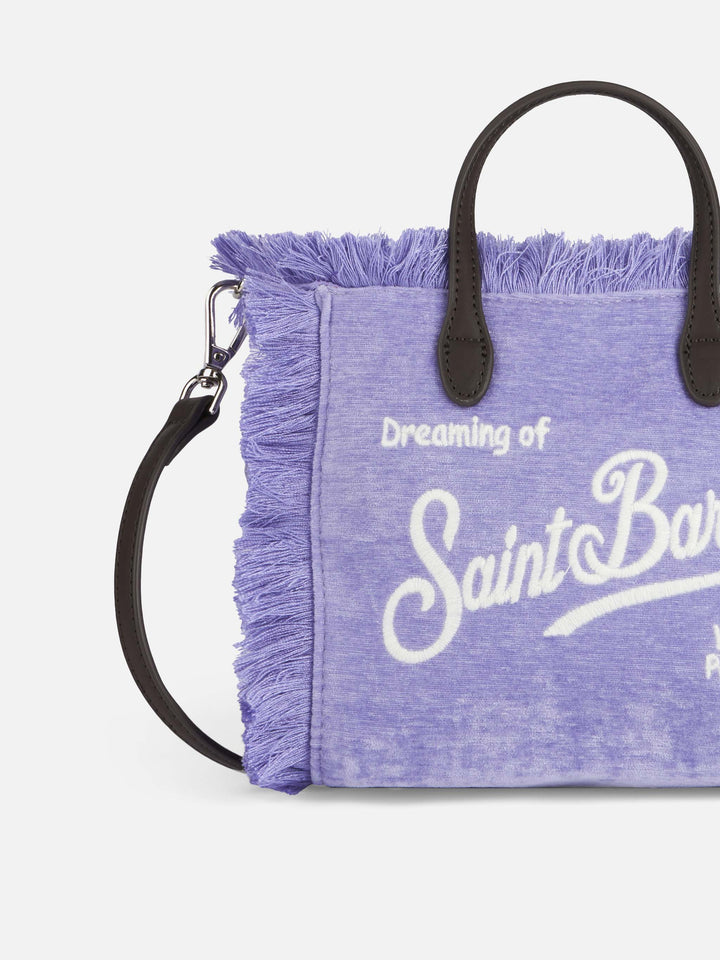 Lilafarbene Mini-Vanity-Tasche aus Samt mit Fransen