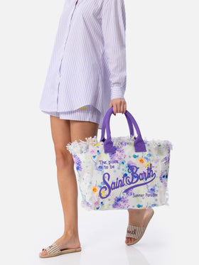 Borsa tote Vanity in tela di cotone con fiori color acqua
