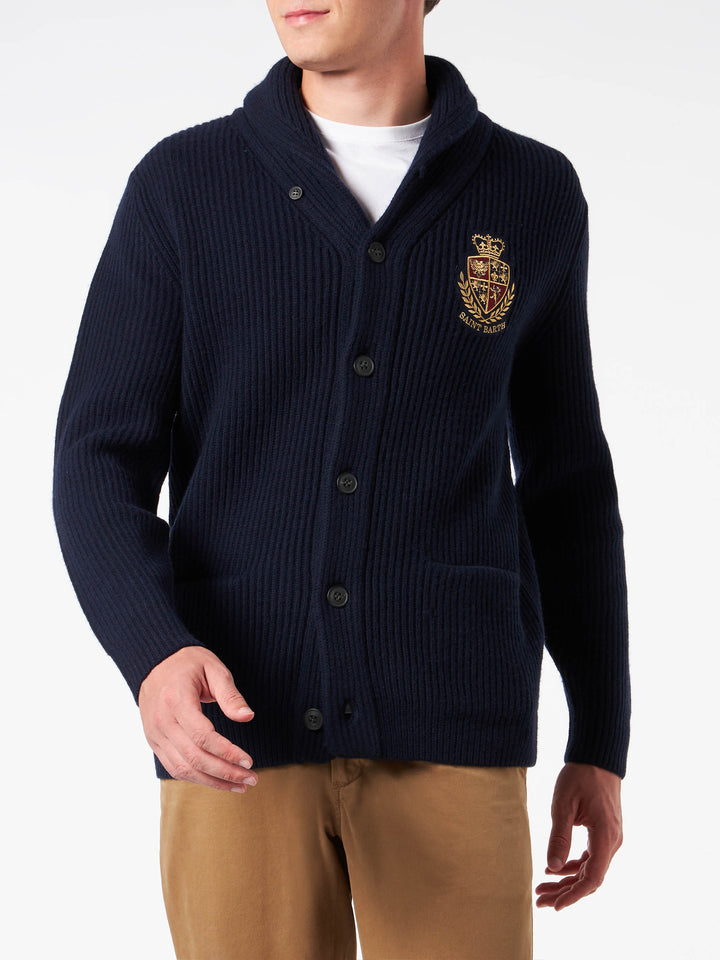 Man shawl collar blue ribbed cardigan with pockets and patch - MC2 Saint Barth