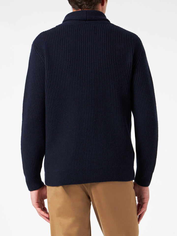 Man shawl collar blue ribbed cardigan with pockets and patch - MC2 Saint Barth