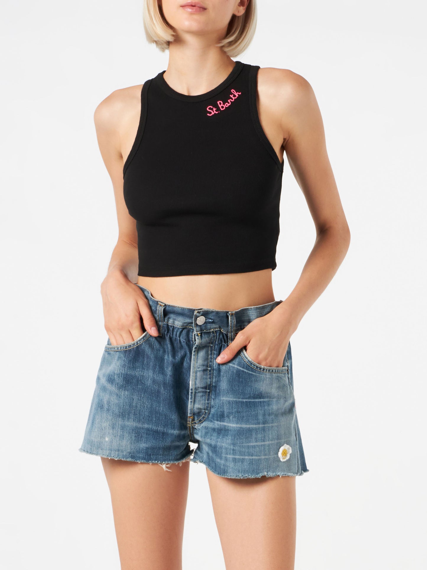 Crop-Tanktop aus Baumwolle mit St. Barth-Stickerei