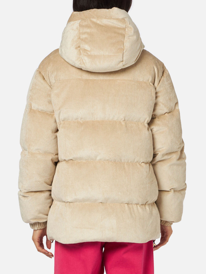 Beigefarbene Damen-Daunenjacke aus Cord mit Kapuze