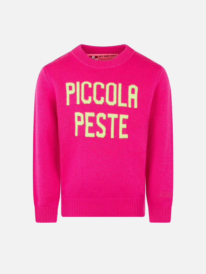 Girl fluo pink sweater yellow fluo Piccola Peste embroidery - MC2 Saint Barth