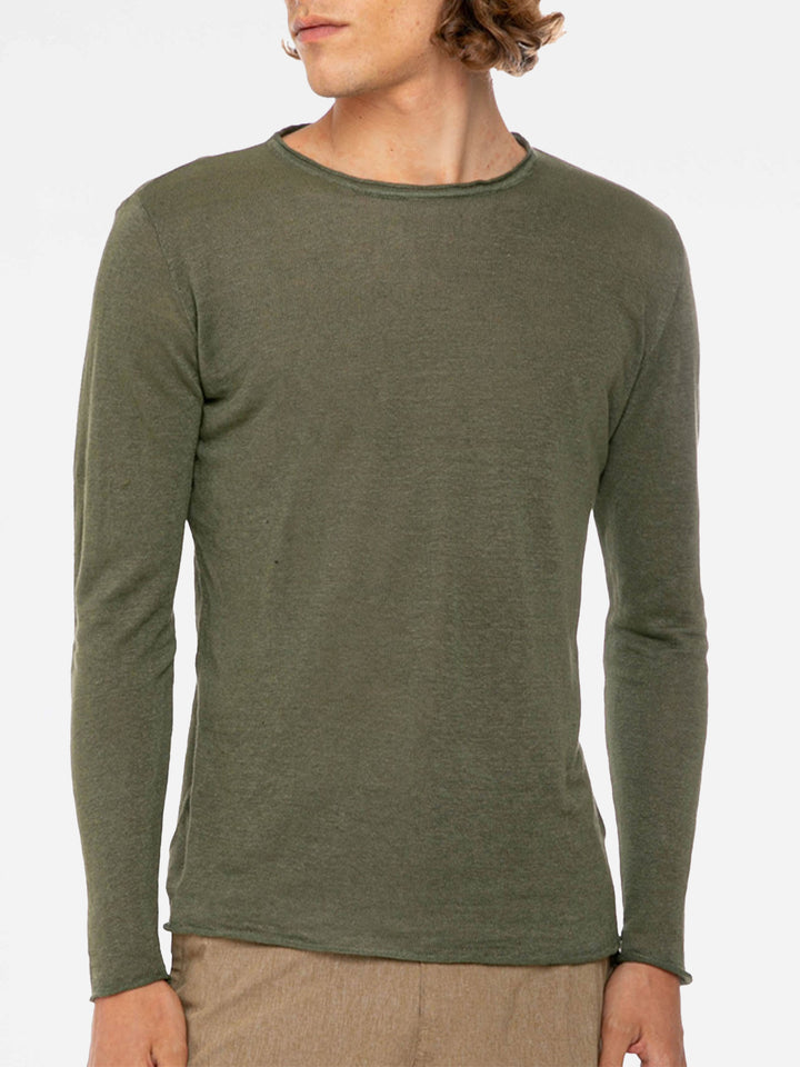 Military green Linen Man T-Shirt long sleeves - MC2 Saint Barth