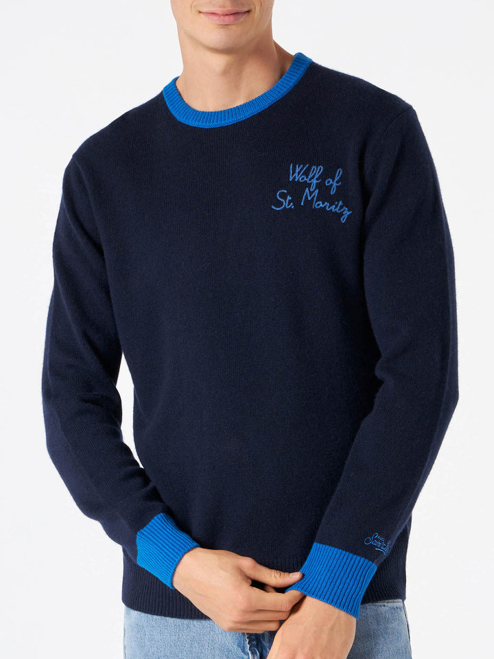 Man navy blue sweater with Wolf of St. Moritz embroidery - MC2 Saint Barth
