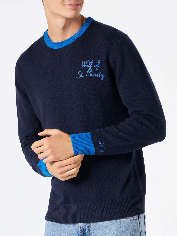 Man navy blue sweater with Wolf of St. Moritz embroidery - MC2 Saint Barth