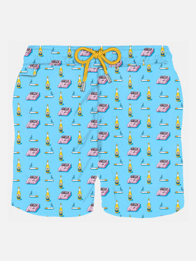Man light fabric swim shorts with newspaper, beer and cigarette print - MC2 Saint Barth