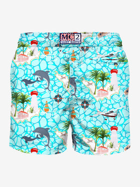 Man light fabric swim shorts with sailing boats print - MC2 Saint Barth