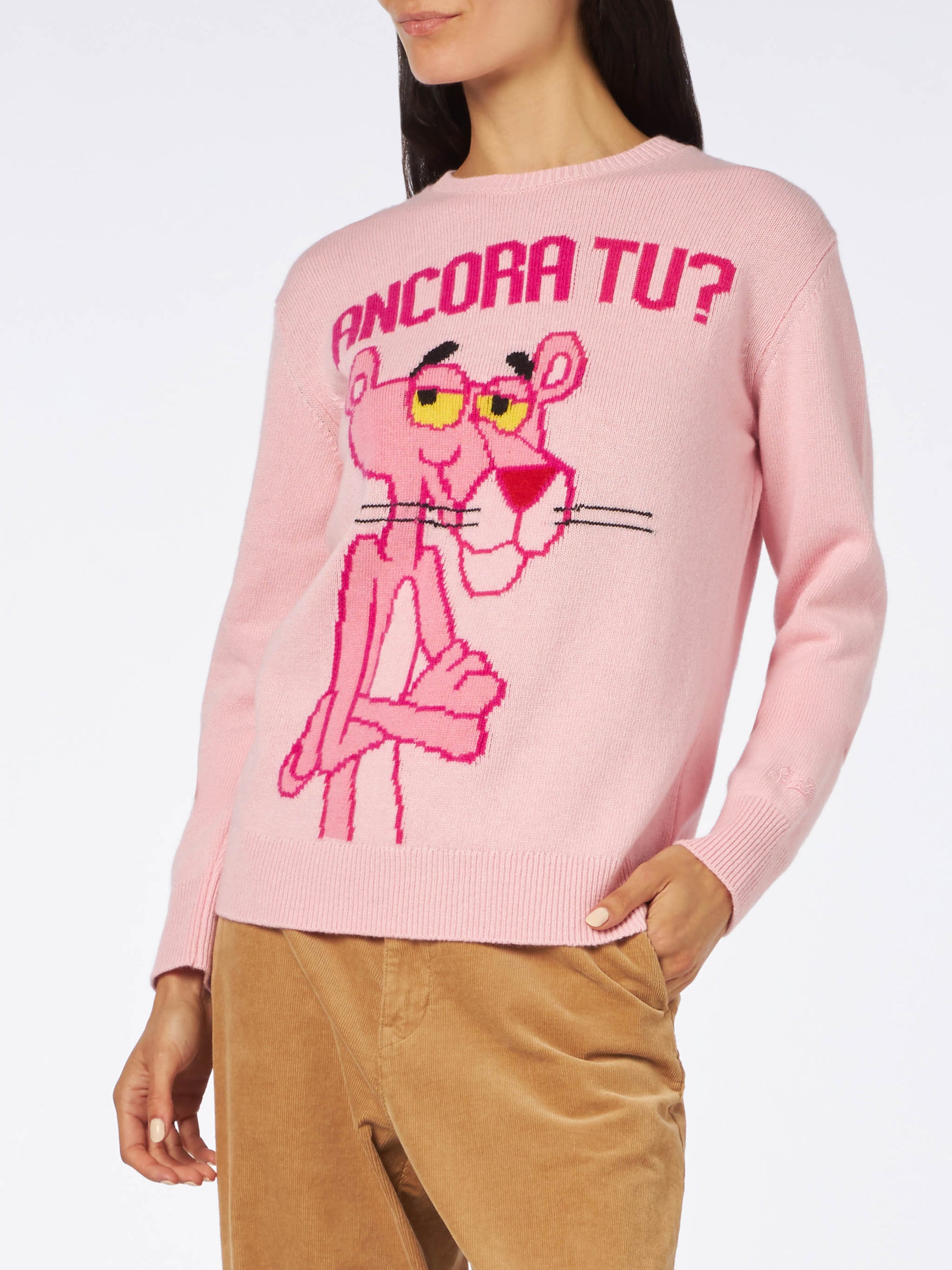 Woman crewneck pink sweater with Pink Panther Ancora Tu? Print | THE PINK PANTHER SPECIAL EDITION - MC2 Saint Barth