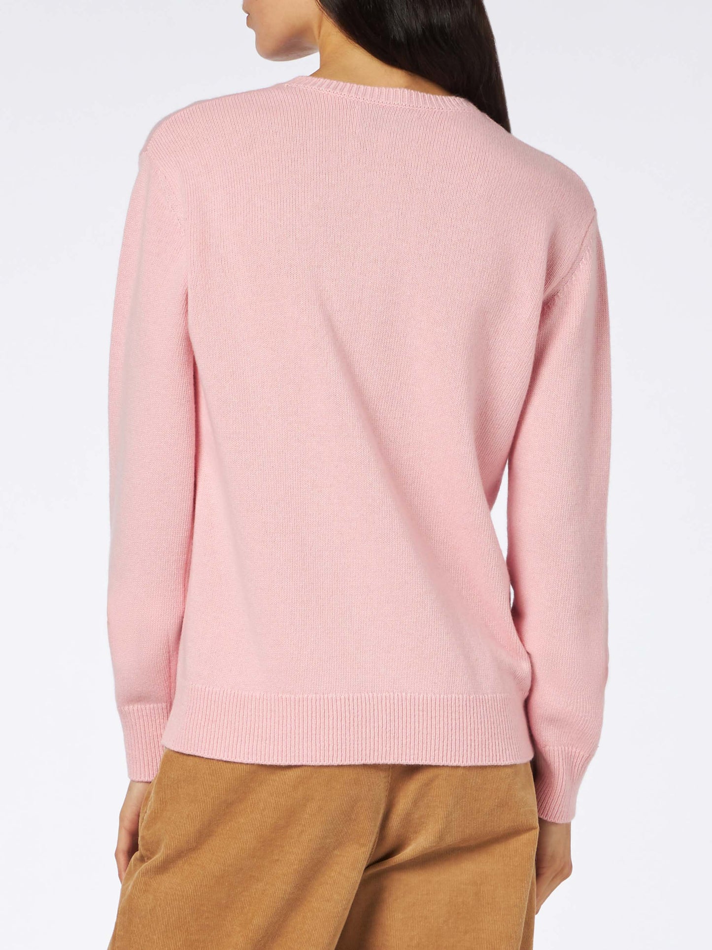 Woman crewneck pink sweater with Pink Panther Ancora Tu? Print | THE PINK PANTHER SPECIAL EDITION - MC2 Saint Barth