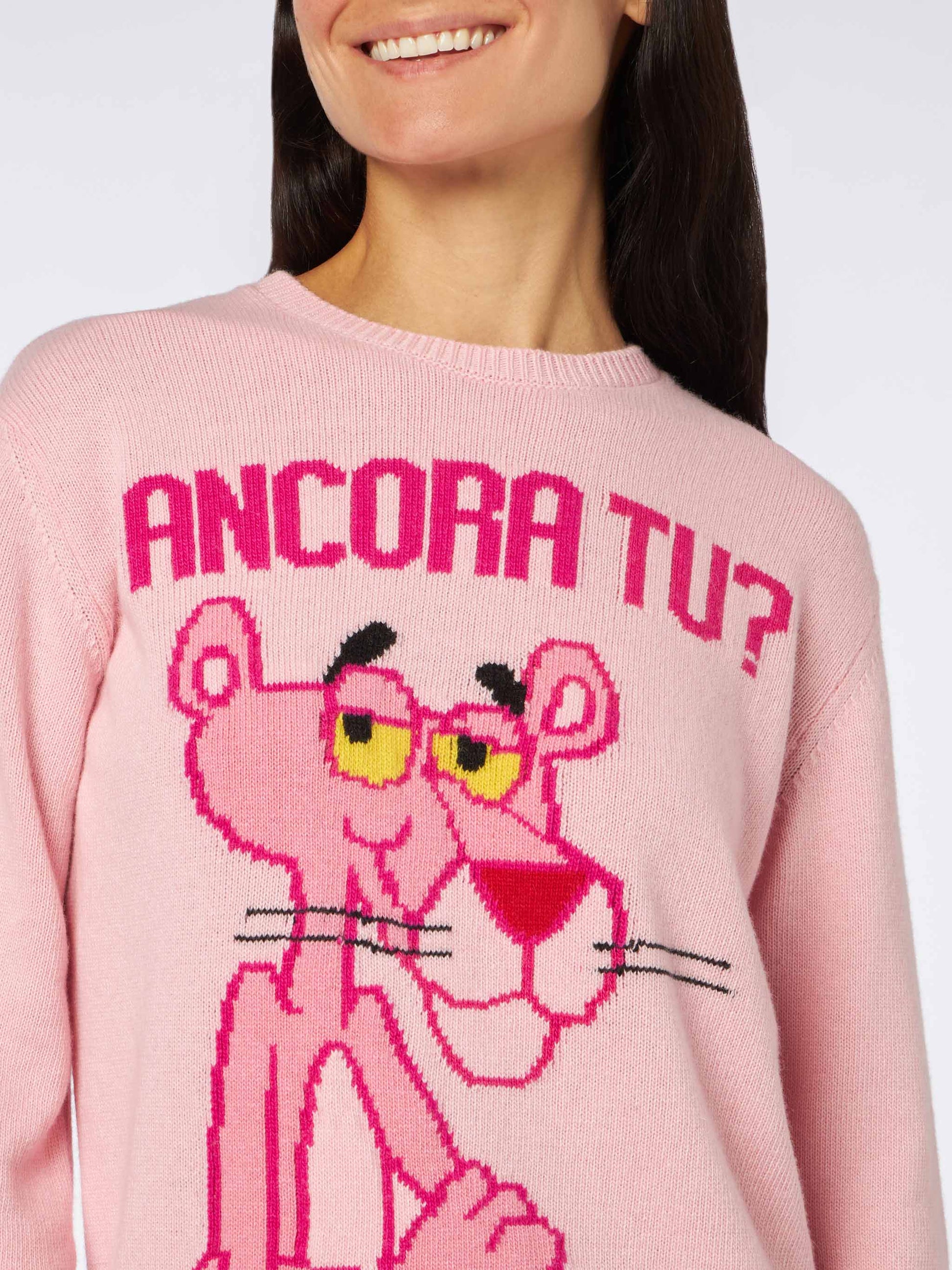 Woman crewneck pink sweater with Pink Panther Ancora Tu? Print | THE PINK PANTHER SPECIAL EDITION - MC2 Saint Barth