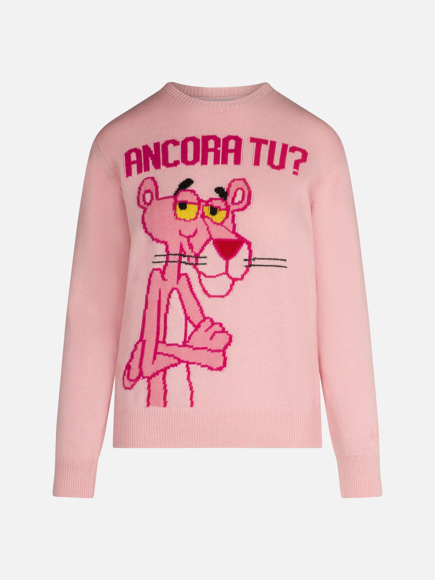Woman crewneck pink sweater with Pink Panther Ancora Tu? Print | THE PINK PANTHER SPECIAL EDITION - MC2 Saint Barth