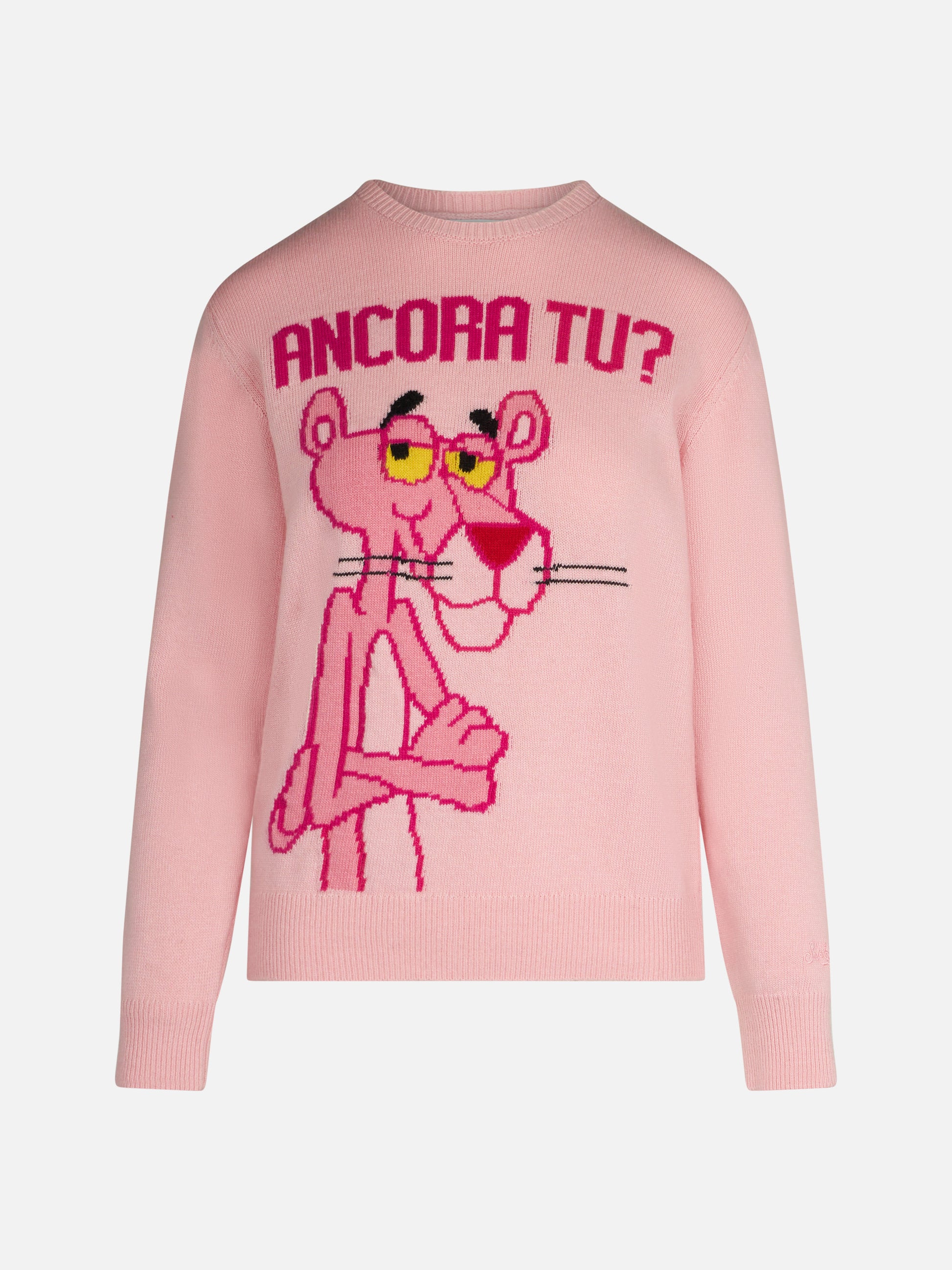 Woman crewneck pink sweater with Pink Panther Ancora Tu? Print | THE PINK PANTHER SPECIAL EDITION - MC2 Saint Barth