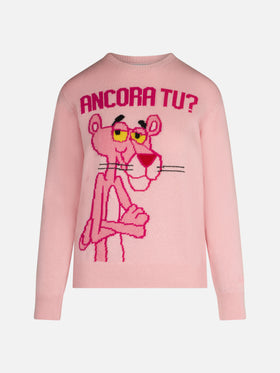 Woman crewneck pink sweater with Pink Panther Ancora Tu? Print | THE PINK PANTHER SPECIAL EDITION - MC2 Saint Barth