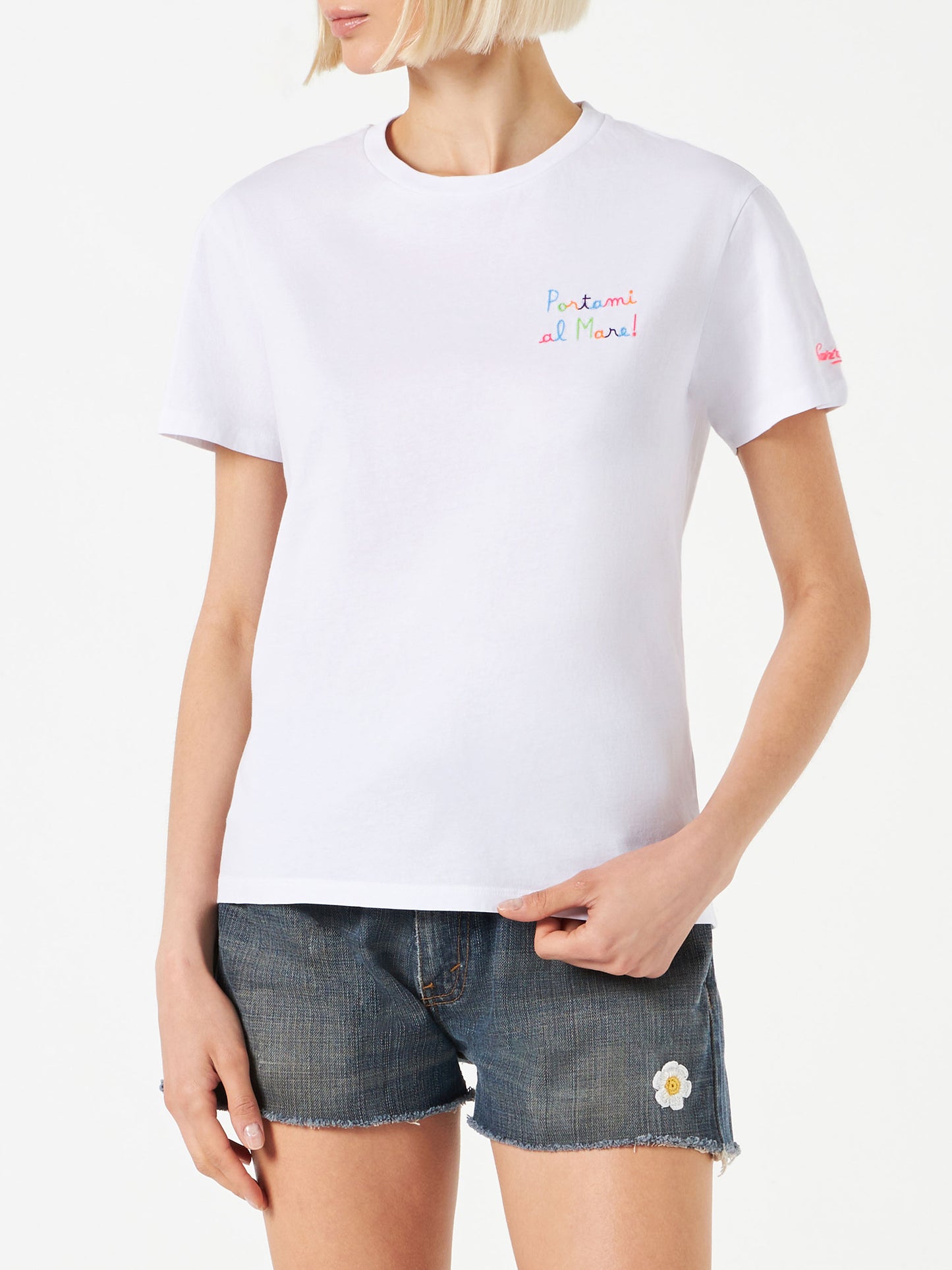 Damen-Baumwoll-T-Shirt mit Portami al mare! bestickt