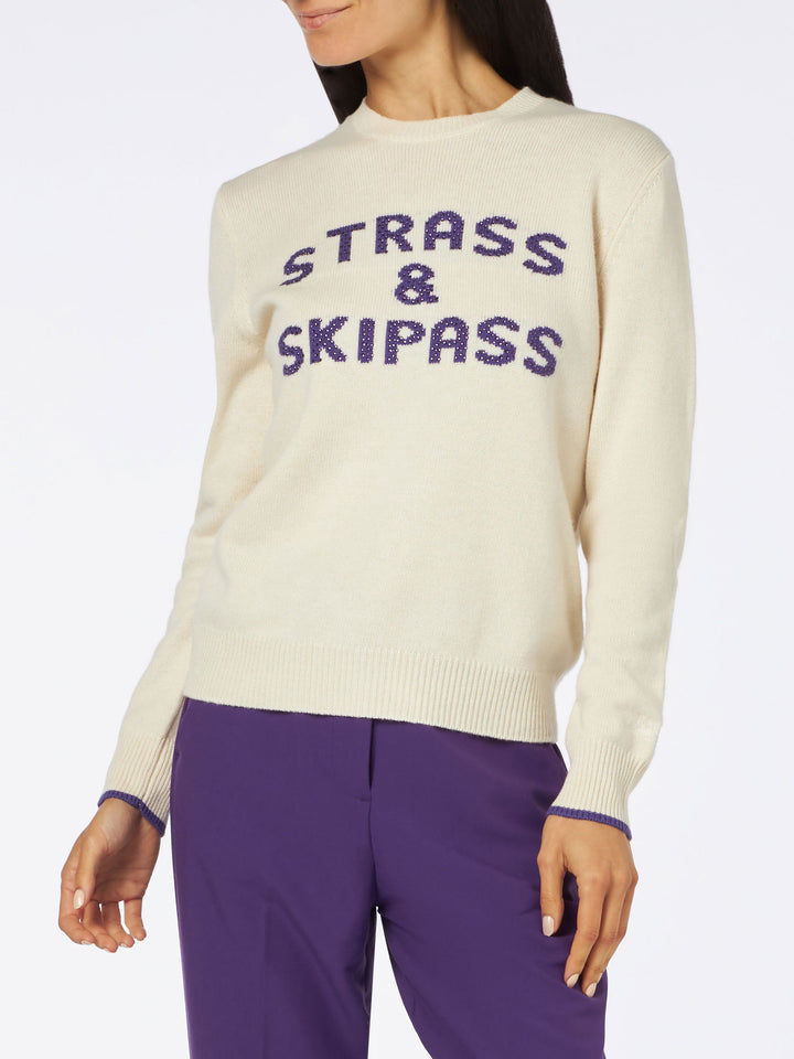Maglia da donna girocollo bianca con stampa Strass & Skipass