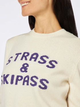 Maglia da donna girocollo bianca con stampa Strass & Skipass