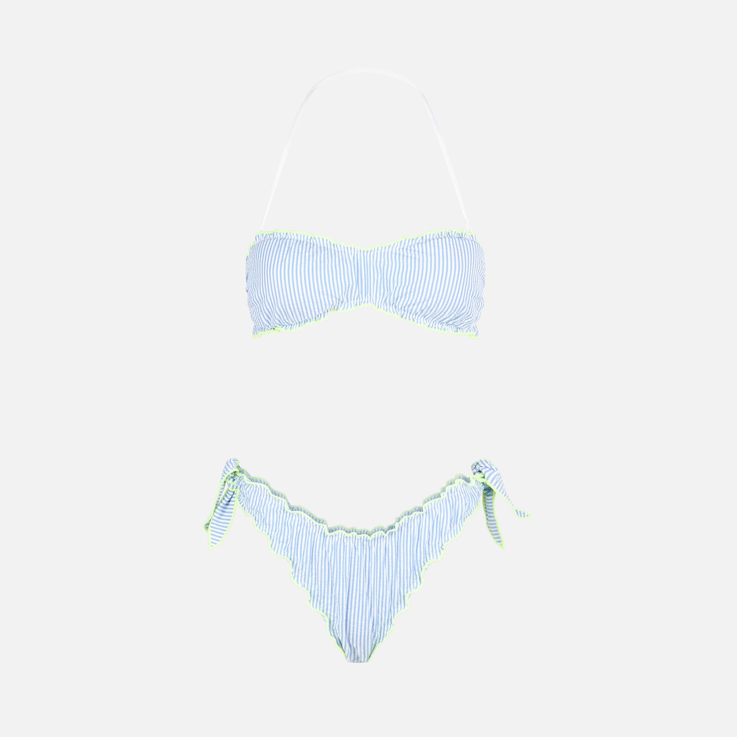 Damen-Bandeau-Bikini aus Seersucker mit Streifendruck