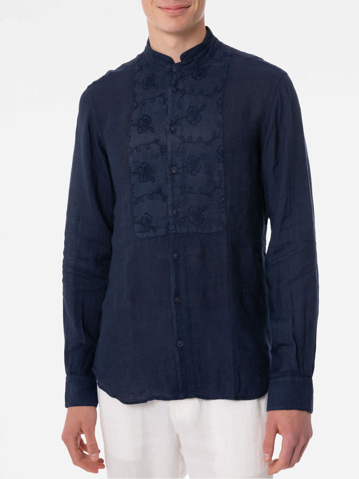 Man blue linen shirt with flower embroidery - MC2 Saint Barth