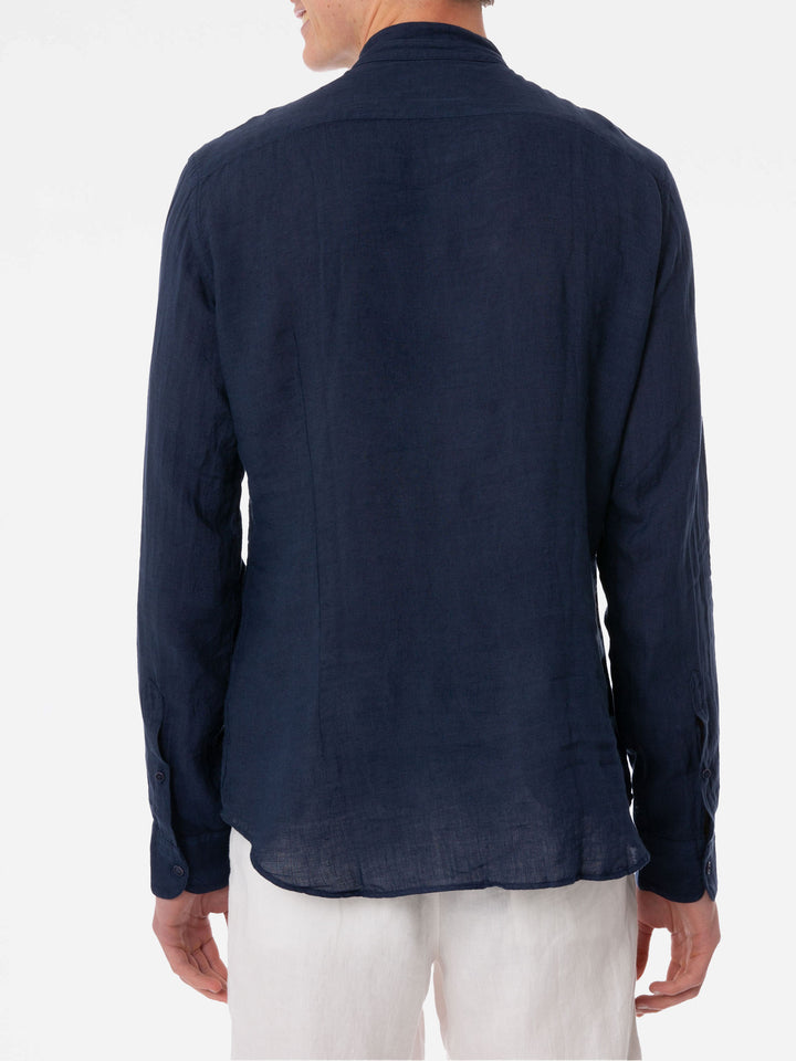 Man blue linen shirt with flower embroidery - MC2 Saint Barth
