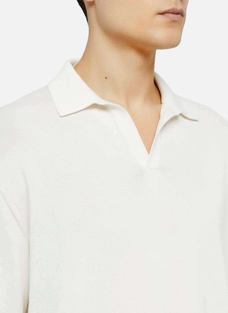 Sloan white buttonless knitted polo shirt with long sleeves