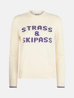 Maglia da donna girocollo bianca con stampa Strass & Skipass