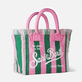 Borsa a spalla Vanity in canvas con righe rosa e verdi