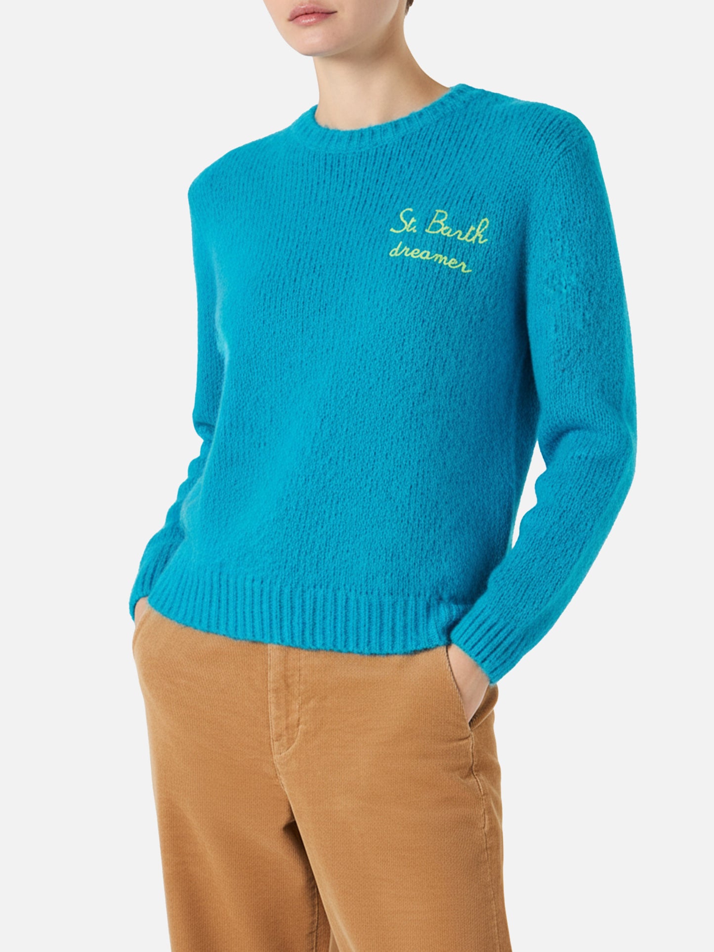 Woman light blue brushed sweater with embroidery