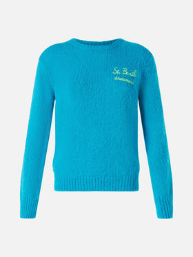 Woman light blue brushed sweater with embroidery