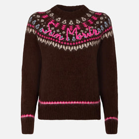 Brauner Damen-Rundhalspullover aus nordischem Jacquard