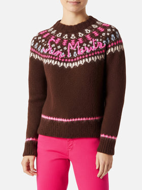 Brauner Damen-Rundhalspullover aus nordischem Jacquard