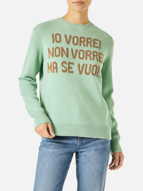 Woman green sweater with jacquard Vorrei non vorrei ma se vuoi