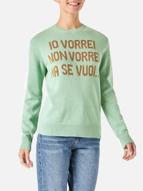 Woman green sweater with jacquard Vorrei non vorrei ma se vuoi